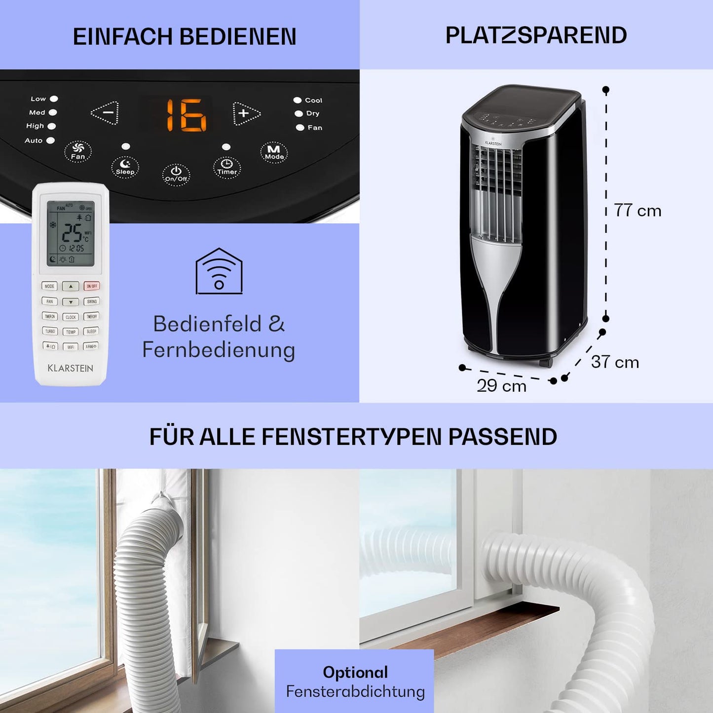 Klarstein Mobile Klimaanlage mit Abluftschlauch, 3-in-1 Klimagerät mit Ventilator & Luftentfeuchter, Kleine & Portable für Wohnung & Büro, Nachtmodus, 10000 BTU AC mit Niedrigem Verbrauch