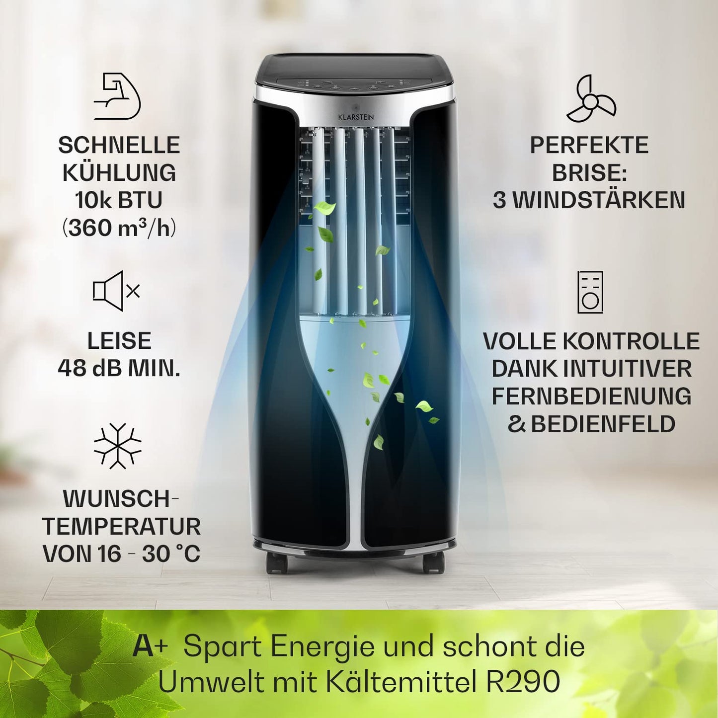 Klarstein Mobile Klimaanlage mit Abluftschlauch, 3-in-1 Klimagerät mit Ventilator & Luftentfeuchter, Kleine & Portable für Wohnung & Büro, Nachtmodus, 10000 BTU AC mit Niedrigem Verbrauch